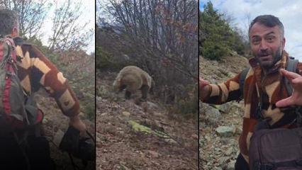 Ayı ile karşı karşıya kaldı: Y&uuml;rek hoplatan anlar kamerada