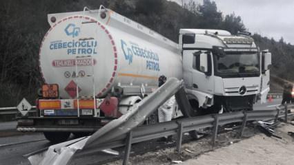 Bilecik'te mazot y&uuml;kl&uuml; tanker karşı şeride ge&ccedil;ti