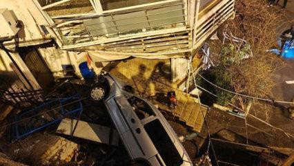 Kontrolden &ccedil;ıkan ara&ccedil; restorana &ccedil;arptı, 5 metreden aşağı d&uuml;şt&uuml;!