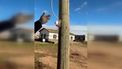 Şanlıurfa'da ka&ccedil;ak elektrikte akılalmaz y&ouml;ntem! Direği oyup hat &ccedil;ektiler....