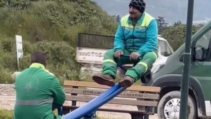 Bursa'da temizlik iş&ccedil;ilerinin tahterevalli molası g&uuml;l&uuml;msetti