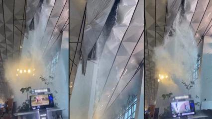 Şiddetli yağış y&uuml;z&uuml;nden havalimanı &ccedil;atısı &ccedil;&ouml;kt&uuml;