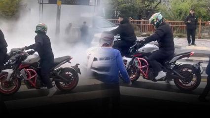 D&uuml;ğ&uuml;n konvoyunda motosikletle patinaj &ccedil;eken trafik ter&ouml;ristine ceza yağdı!