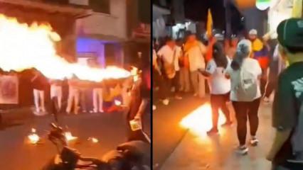 Kolombiya'da se&ccedil;im mitinginde dehşet anları: Ateşbazın y&uuml;z&uuml; alevler i&ccedil;inde kaldı