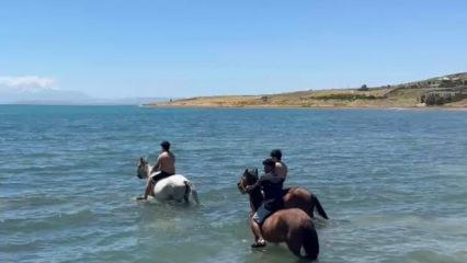 Sıcaktan bunalan gen&ccedil;ler atlarıyla Van G&ouml;l&uuml;'nde serinledi