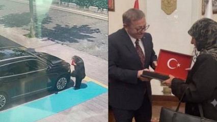 Kars'ta yaşlı kadın makam aracındaki T&uuml;rk bayrağını &ouml;pt&uuml;