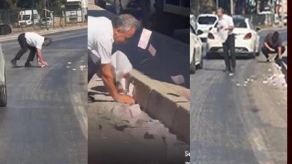 Para dolu &ccedil;uval patlayınca trafikte ilgin&ccedil; anlar ortaya &ccedil;ıktı