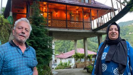 Rize'de engebeli araziye sıra dışı &ccedil;&ouml;z&uuml;m: Yol &uuml;zerine dev kolonlarla villa kurdu