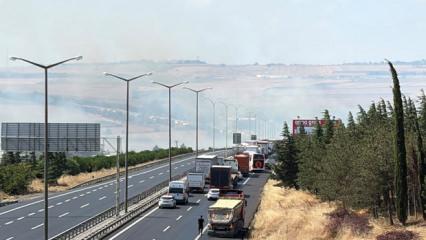 Silivri'de tarla yangını b&uuml;y&uuml;d&uuml;: TEM otoyolunda trafik durdu!