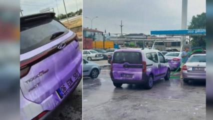 Otomobiller mora boyandı: Yola d&ouml;k&uuml;len boya ara&ccedil; sahiplerini &ccedil;ıldırttı!
