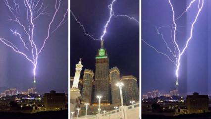 Mekke'de Mescid-i Haram'a yağmur yağdı, şimşekler g&ouml;ky&uuml;z&uuml;n&uuml; aydınlattı