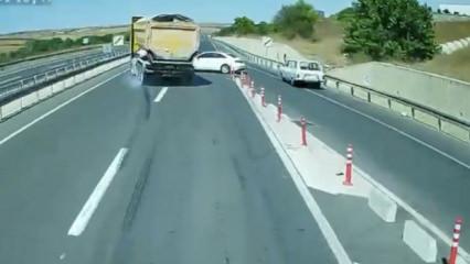 Tekirdağ'da tır şof&ouml;r&uuml;n&uuml;n dikkati faciayı &ouml;nledi: O anlar kamerada