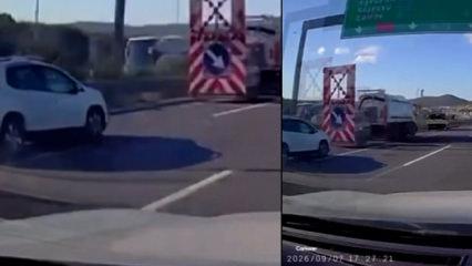 Koskoca uyarı levhasını g&ouml;rmedi akılalmaz kaza kamerada