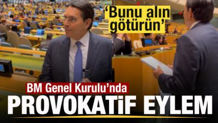 BM Genel Kurulu'nda provokatif eylem: Bunu alın g&ouml;t&uuml;r&uuml;n