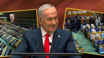 Katil Netanyahu BM'de şok! D&uuml;nya y&uuml;z &ccedil;evirdi: İşte o tarihi anlar