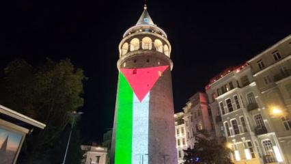 İstanbul'un kalbinde Filistin i&ccedil;in tek y&uuml;rek: Galata Kulesi'ne Filistin bayrağı yansıtıldı