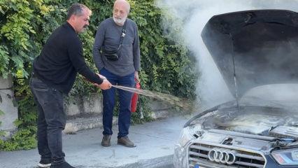 Kağıthane&rsquo;de otomobil alev alev yandı! Kola şişesiyle m&uuml;dahale ettiler