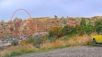 Kapadokya'da peribacasından kopan kayaların d&uuml;şme anına ait g&ouml;r&uuml;nt&uuml;ler ortaya &ccedil;ıktı