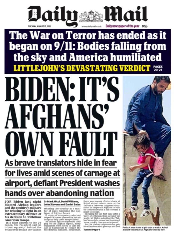 <p>Daily Mail'in manşetinde ise  "Biden: Afganların kendi suçu" yazıyor.</p>
