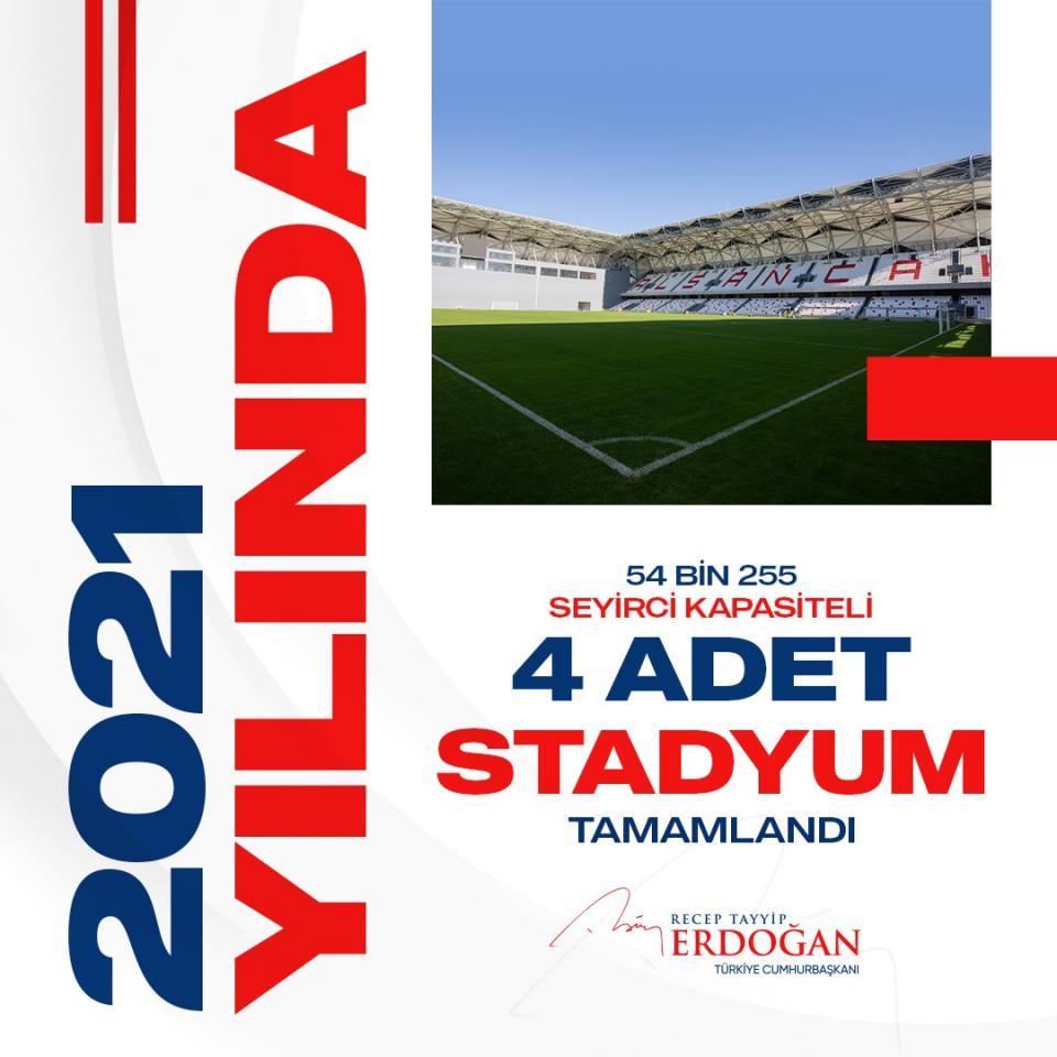 <p>Toplam seyirci kapasitesi 54 bin 255 kişiyi bulan 4 stadyumu şehirlerimize, spor kulüplerimize kazandırdık.</p>
