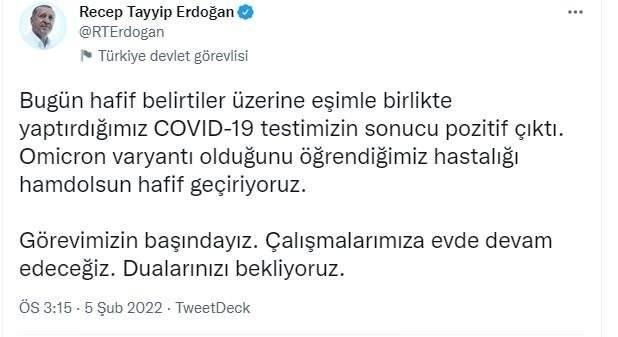 <p>Başkan Erdoğan, sosyal medya adreslerinden yaptığı açıklamada, bugün hafif belirtiler üzerine eşi Emine Erdoğan ile birlikte test yaptırdıklarını ve sonucun pozitif çıktığını belirtti.</p>
