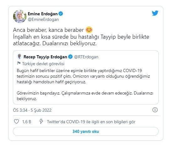 <p><strong>ANCA BERABER, KANCA BERABER</strong></p>

<p>Cumhurbaşkanı Erdoğan'ın eşi Emine Erdoğan da Twitter'dan ''Anca beraber, kanca beraber. İnşallah en kısa sürede bu hastalığı Tayyip beyle birlikte atlatacağız. Dualarınızı bekliyoruz'' mesajını paylaştı..</p>
