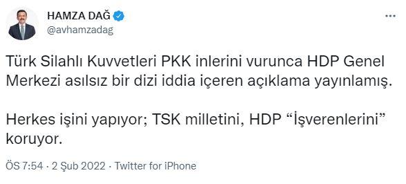 <p>AK Parti Genel Başkan Yardımcısı ve Tanıtım ve Medya Başkanı Hamza Dağ da HDP'nin açıklaması sonrası Twitter'dan paylaştığı mesajda, "Türk Silahlı Kuvvetleri PKK inlerini vurunca HDP Genel Merkezi asılsız bir dizi iddia içeren açıklama yayınlamış. Herkes işini yapıyor; TSK milletini, HDP 'İşverenlerini' koruyor" diyerek tepki gösterdi.</p>

<p> </p>

<p><span style="color:#FF0000"><strong>KAYNAK: HABER7</strong></span></p>
