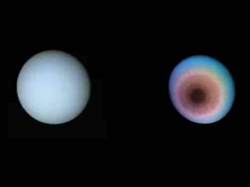 <p>Voyager 2, 1986'da Neptün'ün gerçek renklerinde (solda) ve hatalı renkte (sağda) bu görüntüleri yakaladı. Voyager 1 bu kareyi çektikten sonra yoluna dümdüz devam etti ve güneş sisteminden çıkış yolculuğunda başka bir gezegene rastlamadı. Ancak Voyager 2, Ocak 1986'da Uranüs'ün 50.600 mil yakınından geçerek en yakın gezegenlerimizi keşfetmeye devam etti. Uranüs'ün çevresinde fazladan iki gezegen keşfederek gezegen sayısının 9 değil en az 11 olduğunu ortaya çıkardı.</p>