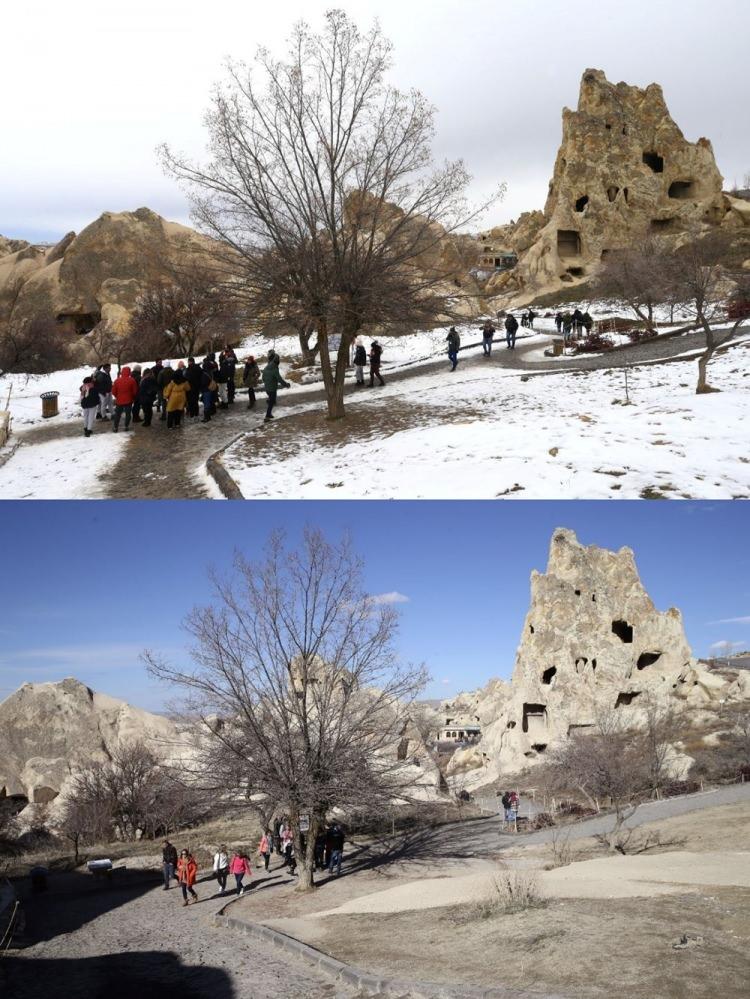 <p>Bölgeyi ziyaret eden yabancı konuklar, soğuk ve yağıştan uzak turizm merkezlerinde iklim değişikliğinin ortaya çıkardığı manzarayı seyrediyor.</p><p>İşte bir yılda Kapadokya'da görülen değişim...</p>