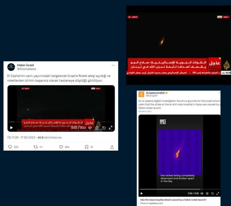 <p><strong>“Al Jazeera’nin Canlı Yayınındaki Belgelerde, İsrail’e Roket Ateşi Açıldığı ve Roketlerden Birinin Başarısız Olarak Hastaneye Düştüğü Görülüyor” yalanı</strong></p><p>Bazı sosyal medya hesaplarından paylaşılan, “Al Jazeera’nin canlı yayınındaki belgelerde, İsrail’e roket ateşi açıldığı ve roketlerden birinin başarısız olarak hastaneye düştüğü görülüyor” iddiası doğru değildir.</p><p><strong>HAKİKAT</strong></p><p>İddiaya dayanak olarak gösterilen haberde, İsrail’in <a href=