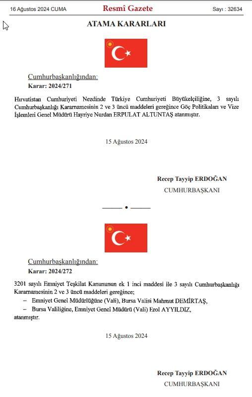 <p>Bursa Valisi Mahmut Demirtaş Emniyet Genel Müdürü olarak atandı. Bursa Valiliğine ise Demirtaş'ın yerine eski Emniyet Genel Müdürü </p>