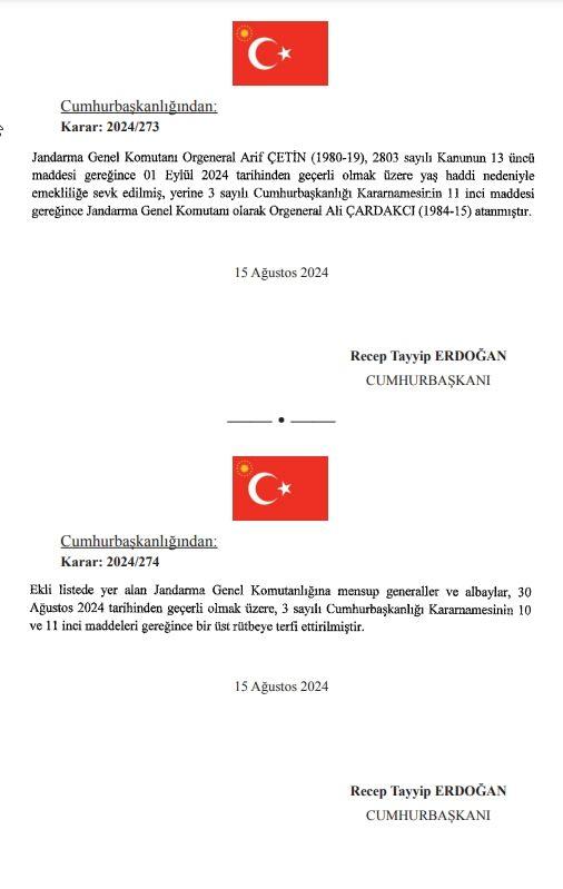 <p>Karara göre, Jandarma Genel Komutanı Orgeneral Arif Çetin, 2803 sayılı kanunun 13’üncü maddesi gereğince 1 Eylül tarihinden geçerli olmak üzere yaş haddi nedeniyle emekliliğe sevk edildi. Çetin'in yerine Orgeneral Ali Bardakçı atandı.</p><p> </p>