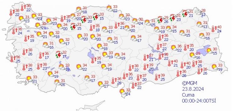 <p>AFYONKARAHİSAR 18°C, 34°C<br />Az bulutlu ve açık, zamanla parçalı bulutlu</p><p> </p><p>İZMİR 24°C, 34°C<br />Az bulutlu ve açık</p><p> </p><p>MANİSA 25°C, 37°C</p><p>Az bulutlu ve açık</p><p> </p><p>MUĞLA 22°C, 33°C<br />Az bulutlu ve açık</p>