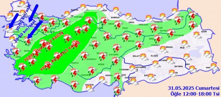<p><strong>EGE</strong></p><p> </p><p>Parçalı ve çok bulutlu, bölge genelinin(Kuzey Ege kıyıları hariç) yerel sağanak ve gök gürültülü sağanak yağışlı geçeceği tahmin ediliyor. Yağışların, güney ve iç kesimlerinde yerel olmak üzere kuvvetli olması bekleniyor.</p>