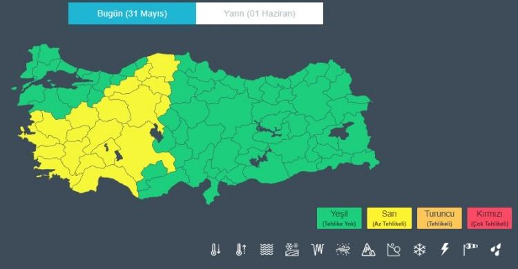 <p>19 İLDE SARI KOD</p><p> </p><p>Meteoroloji Genel Müdürlüğü, 19 il için sarı kodlu uyarı yayımladı. Ege, İç Anadolu ve Akdeniz başta olmak üzere birçok bölgede yerel kuvvette sağanak ve gök gürültülü sağanak yağış ile yer yer kuvvetli rüzgar bekleniyor.</p>