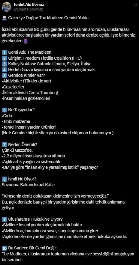 <p><span style="color:#B22222"><strong>NEDEN ÖNEMLI?</strong></span></p>
<p>Çünkü Gazze’de:<br />
•2.2 milyon insan kuşatma altında<br />
•Açlık artık yaygın ve sistematik<br />
•BM’ye göre “insan eliyle yaratılmış kıtlık” yaşanıyor</p>
<p> </p>
<p>9️⃣ </p>