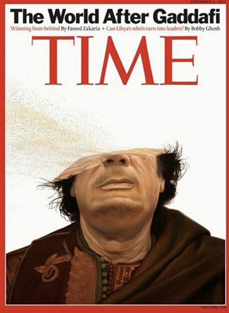 <p>5 Eylül 2011 tarihli dergide ise devrik Libya lideri Muammer Kaddafi, yüzünün yarısı silinmiş şekilde kapakta yer almış ve "Kaddafi'den Sonra Dünya" başlığı atılmıştı.</p>
