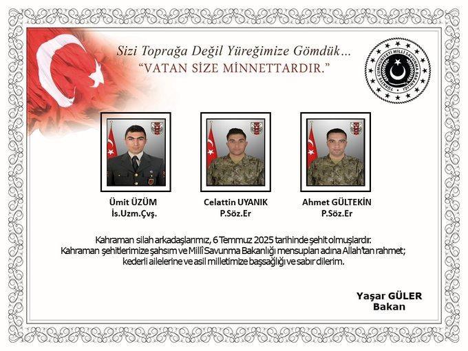 <p>Sabahın erken saatlerinde duyurulan üç şehit askerin kimliği belli oldu.</p>

<p>Milli Savunma Bakanlığı tarafından yapılan açıklamaya göre İs.Uzm. Çvş. Ümit Üzüm, P. Söz. Er Celalettin Uyanık ve P. Söz. Er Ahmet Gültekin metan gazından etkilenerek hastanede şehit oldu.</p>
