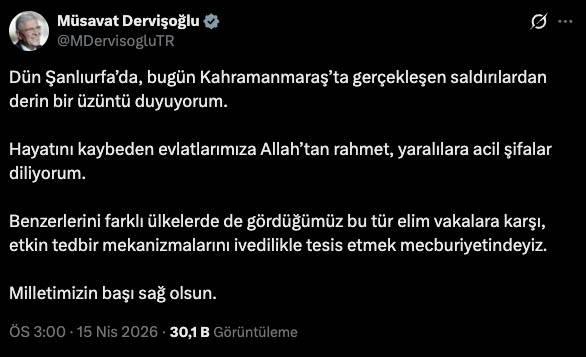 <p>İYİ Parti Genel Başkanı Musavvat Dervişoğlu, "D&uuml;n Şanlıurfa&rsquo;da, bug&uuml;n Kahramanmaraş&rsquo;ta ger&ccedil;ekleşen saldırılardan derin bir &uuml;z&uuml;nt&uuml; duyuyorum. Hayatını kaybeden evlatlarımıza Allah&rsquo;tan rahmet, yaralılara acil şifalar diliyorum. Benzerlerini farklı &uuml;lkelerde de g&ouml;rd&uuml;ğ&uuml;m&uuml;z bu t&uuml;r elim vakalara karşı, etkin tedbir mekanizmalarını ivedilikle tesis etmek mecburiyetindeyiz. Milletimizin başı sağ olsun." ifadelerini kullandı.&nbsp;</p>

