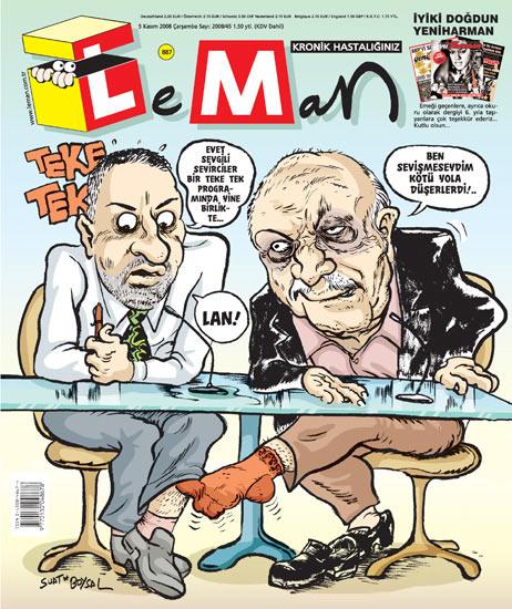 LEMAN Fatih Altaylı ile Hüseyin Üzmezi Teke Tekte bir araya getirdi. Dergi, Üzmez'in Fatih Altaylı'ya konuk olduğu programa gönderme yaptı.