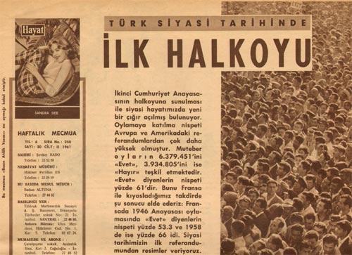 O günlerin gözde ve popüler magazin dergisi Hayat ilk referandum sonuçlarını bu haberle duyuyordu:
<br><br>
"İkinci Cumhuriyet Anayasasının halk oyuna sunulması ile siyasi hayatımızda yeni bir çığır açılmış bulunuyor. Oylamaya katılma nispeti Avrupa ve Amerikadaki referandumlardan çok daha yüksek olmuştur. Muteber oyların 6,379.475'ini "Evet", 3.934.805'ini ise "Hayır" teşkil etmiştir. "Evet" diyenlerin nispeti yüzde 61'dir. Bunu Fransa ile kıyasladığımız takdirde şu sonucu elde ederiz: Fransa'da 1946 Anayasası oylamasında "Evet" diyenlerin oranı yüzde 53,3 ve 1958'de ise yüzde 66 idi.... Siyasi tarihimin ilk referamundan resimler veriyoruz..."
