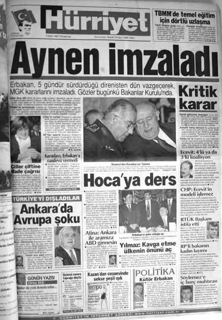 Hürriyet'in 28 Şubat sürecinde 6 Mart 1997 tarihli 1'inci sayfası ve manşeti...