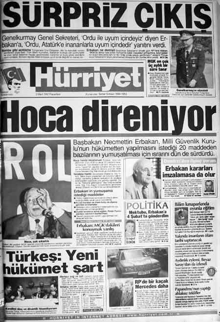 Hürriyet'in 28 Şubat sürecinde 3 Mart 1997 tarihli 1'inci sayfası ve manşeti...