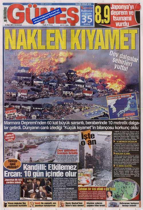 Tüm dünyanın korku dolu gözlerle izlediği Japonya depremi ve ardından gelen tsunami Türkiye'de bütün gazetelerde manşetlere taşınırken yalnızca Akit gazetesi bu felaket yerine Ergenekon'u manşetine taşıdı.