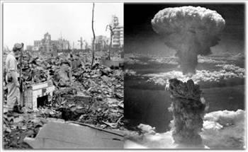 Soldaki fotoğraftaki adam ABDnin 6 Ağustos 1945te Japonya üzerine attığı iki atom bombasından ilkinin hedefi olan Hiroşimada paramparça olmuş bir şöminenin yanında duruyor. Bu ilk bomba bir anda 92 bin kişin ölümüne neden olmuş, açığa çıkan radyasyon dolayısıyla da 1950 yılından itibaren 200 bin kişi daha hayatını kaybetmişti. Üç gün sonra ABD bu sefer Nagasakiye bir plütonyum bombası atmış ve sağdaki fotoğrafta görüldüğü gibi yerden 6 kilometre yükseğe kadar çıkan dumanlar oluşmuştu. Nagasakideki bomba yüzünden ilk anda 70 bin kişi öldü, on binlerce insan da ilerleyen yıllarda nükleer serpinti sonucu hayatlarını kaybetti.