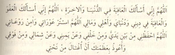 "Allahım, Senden hem kendim, hem de ailem ve malım için dünyada afiyet ve ahirette af dilerim.<br>
Allahım, ayıplarımı ört ve beni korkularımdan emin kıl. Allahım, önümden-arkamdan, sağımdan-solumdan ve üstümden (gelecek tehlikelerden) beni koru. (Yere batırılarak) altımdan helâk edilmekten azametine sığınırım."