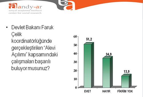 Demokratik Açılım ile başlayan ve hükümetin azınlıklar ve kronik sorun olarak görülen açılımları, popülaritesini sağlamış ve Devlet Bakanı Faruk Çelik koordinatörlüğünde gerçekleştirilen Alevi Açılımındaki başarı halk nezdinde Demokratik Açılımın aksine başarılı bir sonuca ulaşmış görünmektedir. Bu kapsamda gerçekleştirilen ve gerçekleştirilmesi hedeflenen projelerin Alevi vatandaşları olduğu gibi Türk halkını da memnun etmiş görünüyor. Bu projeyi başarılı gören kesimin oranı yüzde 51,2dir. Bu oran, Ak Partinin oy oranının üzerinde bir başarı kabulü söz konusu olduğunu da ortaya koymaktadır.