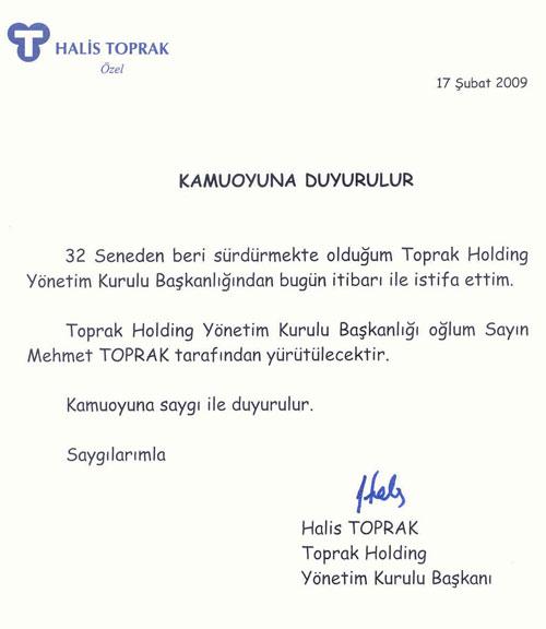 Halis Toprak istifa