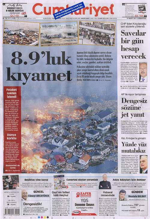 Tüm dünyanın korku dolu gözlerle izlediği Japonya depremi ve ardından gelen tsunami Türkiye'de bütün gazetelerde manşetlere taşınırken yalnızca Akit gazetesi bu felaket yerine Ergenekon'u manşetine taşıdı.