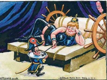 İngiliz Guardian gazetesi, Merkel'i Salome olarak çizdi. Sarkozy ise ona başını bir tepsi içinde sunarken görülüyor.